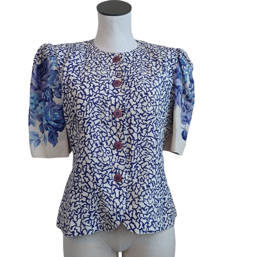 Rickie Freeman Teri Jon Vintage Purple Floral Puff Sleeve Embellished Blouse 8